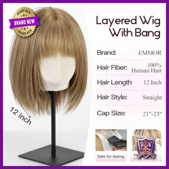 Shoulder Length Layered Bob Human Hair Wig with Bangs Breathable Cap main image 6